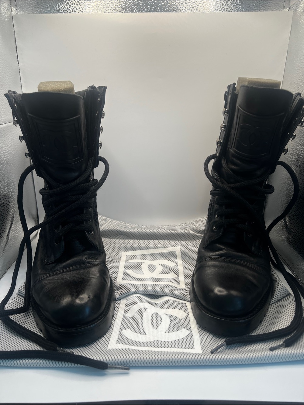 **Rare** Vintage Chanel Black Leather Quilted CC Combat Boots Lace Up Double Zip